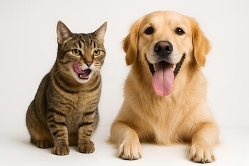 Perfect Pair: Tabby Cat & Golden Retriever in White Studio Shot