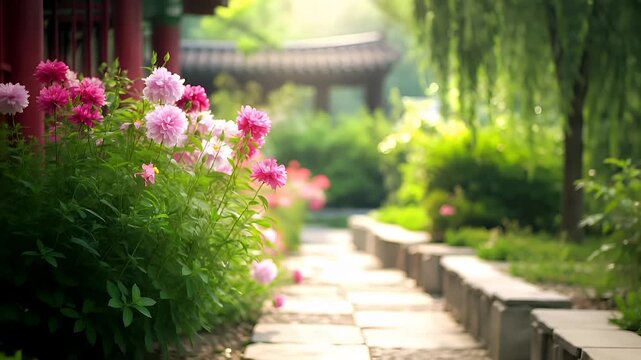 pink dahlia flowers in garden setting with red pillars and stone pathwaypink and white dahlias in sunlight, with sunlight filtering through the leaves and flowers.