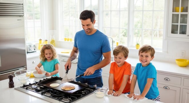 A man and three children cooking pancakes in a kitchen.