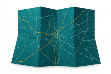 Folded paper map showing roads and rivers on transparent background, useful for travel and navigation concepts
