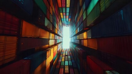 カラフルなコンテナ群の視点 垂直方向の光線が未来的な風景を照らす