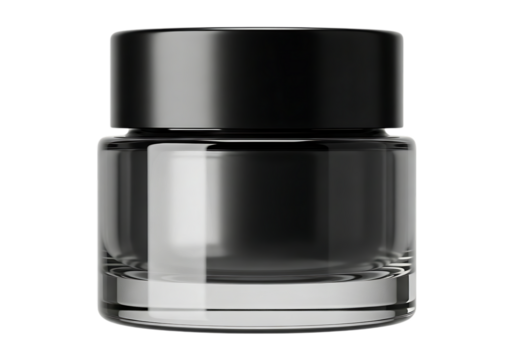 Glass cosmetic cream jar with black lid isolated on transparent background