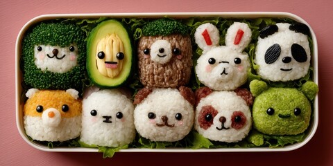 A rectangular bento box is filled with meticulously crafted rice balls shaped like various adorable animals. Each rice ball is decorated with edible elements like avocado slices