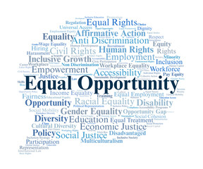 Equal Opportunity Word Cloud. Key Concepts On Equality, Diversity, Rights, Inclusion, Justice, Policy, And Fair Access In Social And Economic Development.
