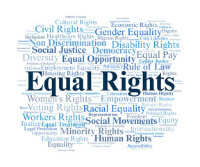 Equal Rights Word Cloud. Key Concepts On Equality, Justice, Diversity, Inclusion, And Human Rights Across Social, Political, And Cultural Dimensions.