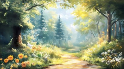 美しい緑豊かな森の中の小道と太陽光が差し込む光景 太陽光が降り注ぐ木々