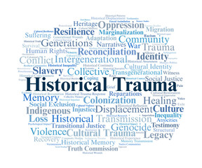 Historical Trauma Word Cloud. Key Concepts On Collective Memory, Oppression, Violence, Colonization, Healing, And Intergenerational Resilience In Communities.
