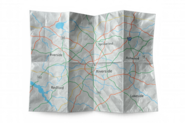 Crumpled paper road map showing highways, rivers, and towns with transparent background for easy compositing