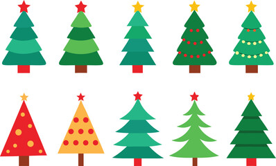 Collection of festive christmas trees with stars and decorations