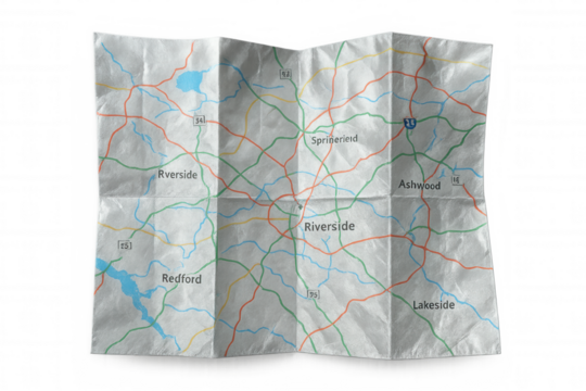 Crumpled paper road map showing highways, rivers, and towns with transparent background for easy compositing