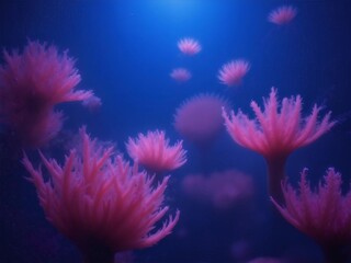 深海に咲く赤色の幻想的な珊瑚の群生 幻想的な水中世界を表現