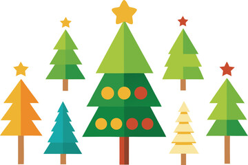 A collection of stylized christmas trees in various colors and sizes