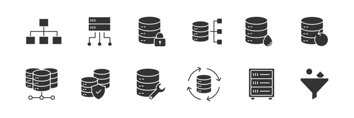 Data server solid Gray icon set. Database solid icon. Containing server, hosting, infrastructure, backup, cloud storage, server rack, data processing and bandwidth. Vector illustration.