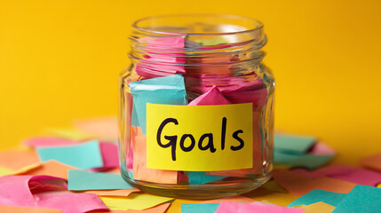 Colorful sticky notes jar symbolize strategy and initiative for achieving goals each checkpoint