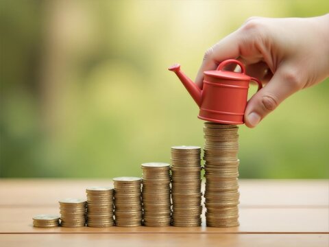 積み重ねられた金のコインに赤いじょうろで水をやる手 成長と投資の概念
