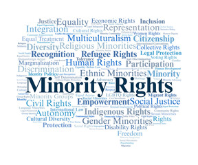 Minority Rights Word Cloud. Key Concepts On Equality, Justice, Inclusion, Protection, Cultural Diversity, And Human Rights For Marginalized Communities.