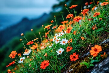 Orange and white flowers on hillside