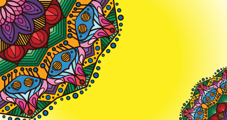 Vibrant colorful mandala pattern on yellow gradient background