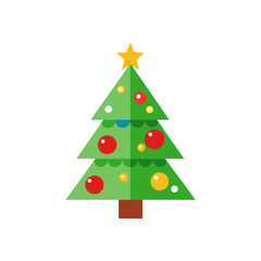 Decorated Christmas Tree Vector– Holiday Decoration with Star and Ornaments. Colorful Christmas Tree Vector