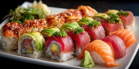 A beautifully arranged platter of assorted sushi rolls dominates the image, presented on a crisp white rectangular plate. The sushi selection includes a variety of rolls featuring salmon, tuna