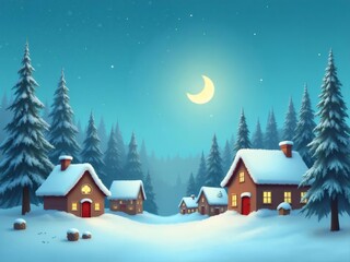 Fototapeta premium 雪景色 冬の夜 空に輝く月と家並み 暖かい光と静寂の風景