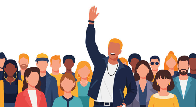 Charismatic man stands out from a diverse crowd raising his hand as a leader or volunteer.
