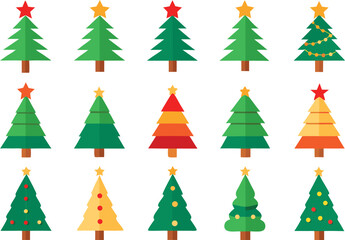 Collection of stylized christmas trees with stars and ornaments