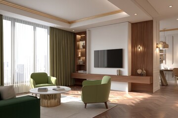 Modern living room interior design with a warm color palette.