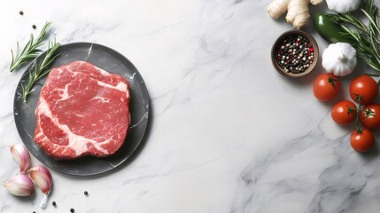 新鮮なステーキと野菜の盛り合わせ大理石テーブルトップの俯瞰撮影