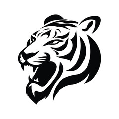 Vector illustration of roaring tiger head in black and white style. Perfect for mascot, logo, tattoo, emblem, and sports team design