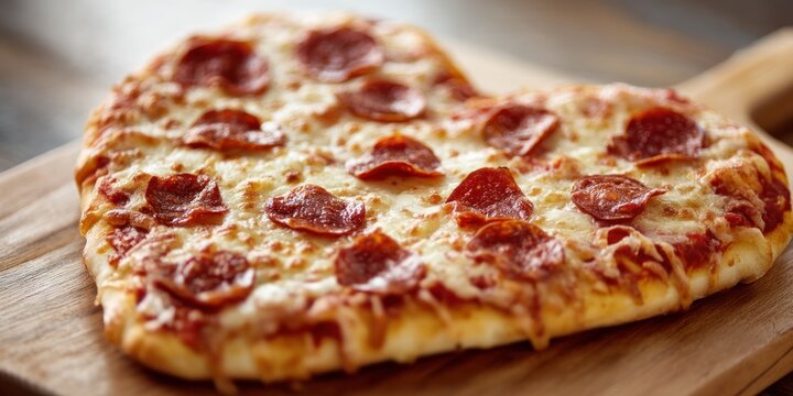 A heart-shaped pepperoni pizza rests on a wooden cutting board. The pizza is generously covered in melted mozzarella cheese and numerous pepperoni slices.  - Powered by Adobe