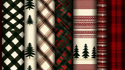 Seamless rustic Christmas patterns: buffalo plaid, knitted diamond, pine repeat, Scandinavian folk art elements. Perfect for sublimation printing.