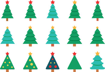 Collection of stylized christmas trees with stars and decorations