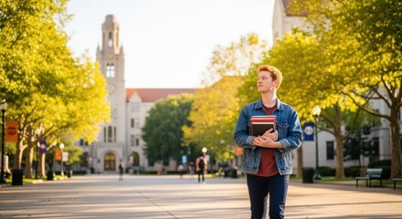 Obraz premium A young man in a denim jacket walking on a university campus with a book in his hand.