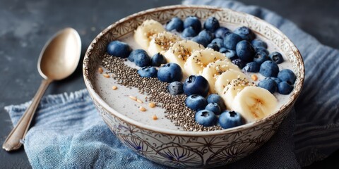 A ceramic bowl overflows with a creamy, oatmeal-like base, layered with sliced bananas, blueberries, and chia seeds. A silver spoon rests on a blue and white patterned napkin