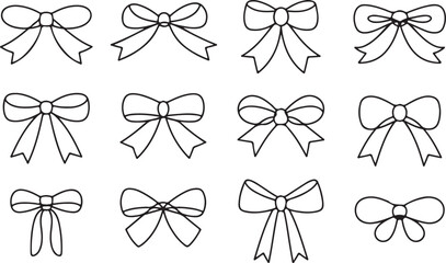 Bow Vector Illustration Outline Style Decorative Elements on Checkered Pattern