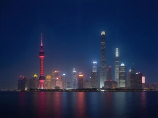 Obraz premium 上海の夜景 水面に映る都市のスカイライン 星空の下の光輝く建築物