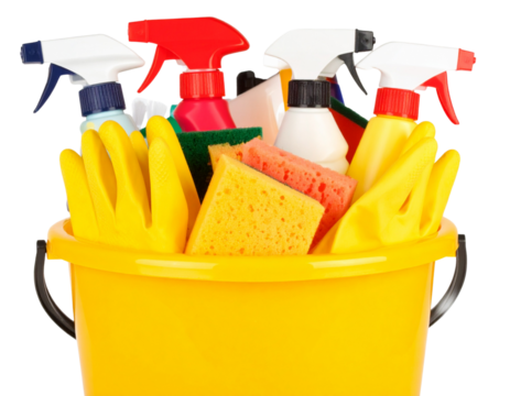 Bright Yellow Bucket with Assorted Cleaning Tools, Front-Facing View, Transparent Background