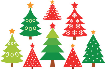 Collection of festive christmas trees with stars and patterns