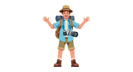 Happy male traveler cartoon character with a backpack camera and safari hat ready for adventure.