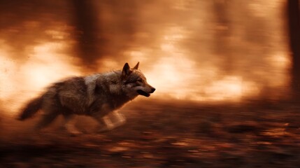 Obraz premium Wolf running through a fiery wilderness