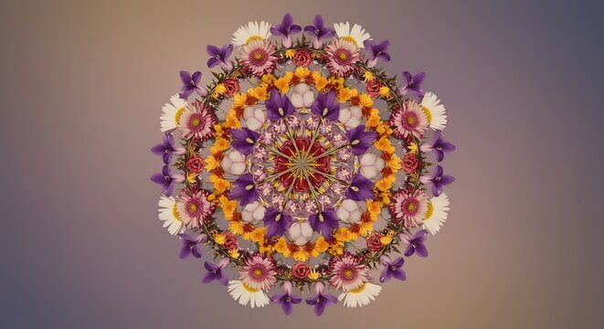 鮮やか花曼荼羅 穏やか光彩包む 繊細細工 (Azayaka hana mandala odayaka kousai tsutsumu sensai zaiku) Translation: Vibrant flower mandala, enveloped in gentle light, delicate craftsmanship.. AI Generated