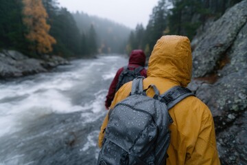 Backpackers crossing a river in rainy wilderness