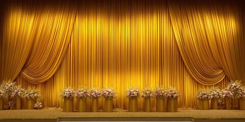 A dramatic stage setting is illuminated with warm, golden light, creating a luxurious atmosphere. Heavy, pleated gold curtains dramatically frame the stage, 