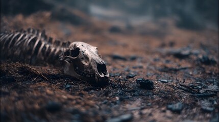 Wildlife skeleton on scorched forest floor