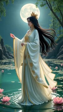 A serene and divine depiction of Guan Yin, the Goddess of Mercy, standing gracefully on lotus flowers under the full moon. The image features traditional flowing robes adorned with golden details, a p