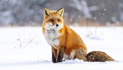 Fototapeta premium Red Fox Sitting in Snowy Field