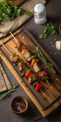 Grilled meat and vegetable skewers served on a wooden tray with herbs and spices