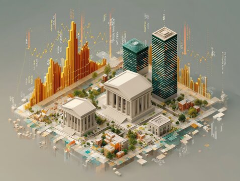 An isometric city model integrated with floating financial charts and data visualizations, representing urban economy and market trends.