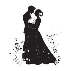 Silhouette Of Bride And Groom. Romantic Wedding Couple Under Floral Arch